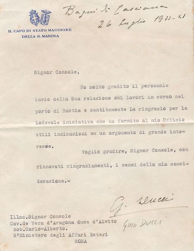 Lettera dattiloscritta con nota e firma autografa. Carta Intestata 'Il …