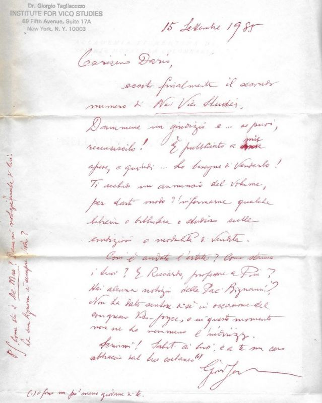 Lettera intestata 'Institute for Vico Studies. New York. Una faccita …