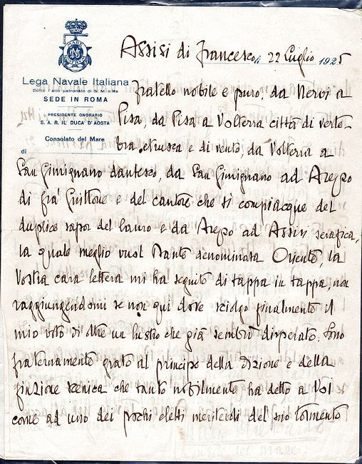 Lunga lettera autografa firmata su carta intestata 'Lega Navale Italiana'.