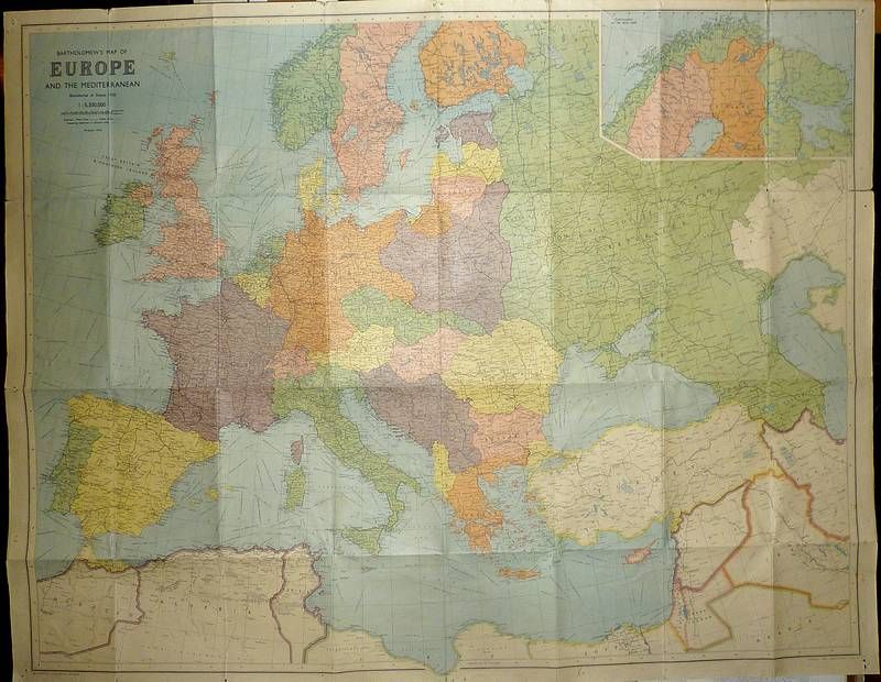Map of Europe & the Mediterranean. Boudaries of States 1938.