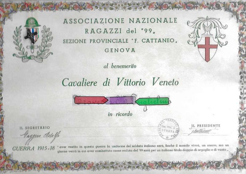 Sezione provinciale 'F. Cattaneo' Genova - Al benemerito Cavaliere di …