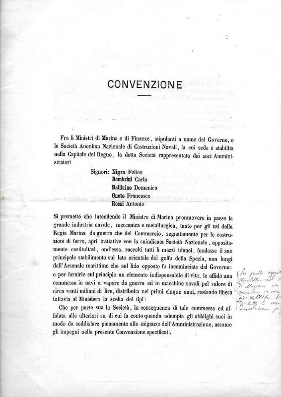 Società Anonima Nazionale Costruzioni Navali. - Convenzione.