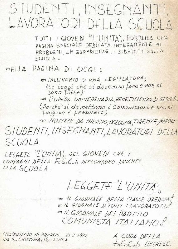 Studenti, insegnanti, lavoratori della scuola. (Invito ala lettura dell'Unità').