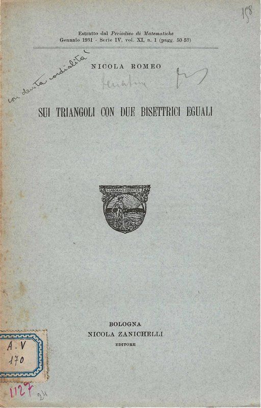 Sui triangoli con due bisettrici eguali. (Estratto).