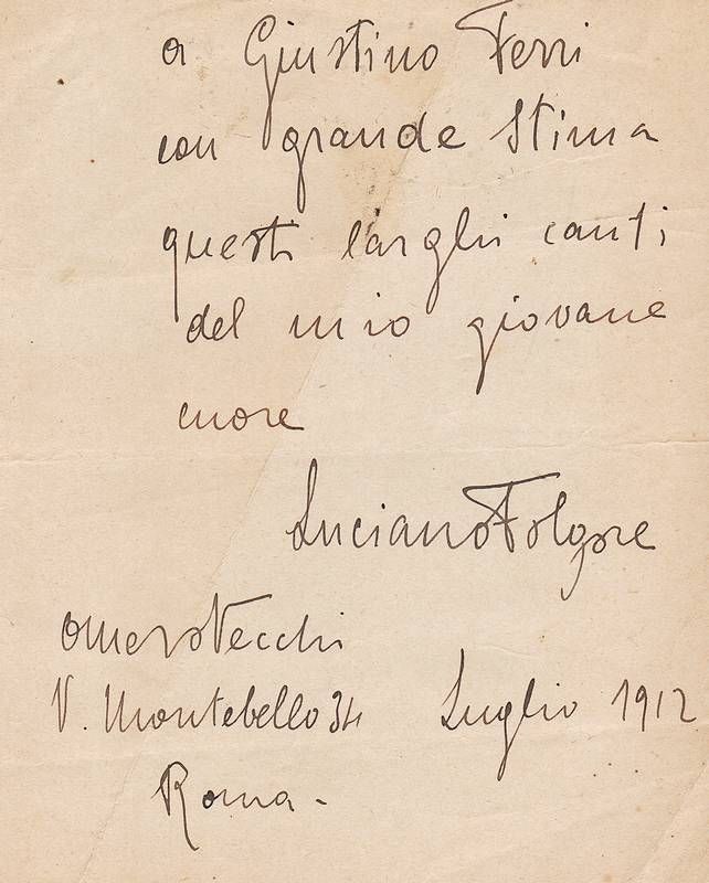 Un foglio con nove righe autografe firmate. Dedica a Giustino …