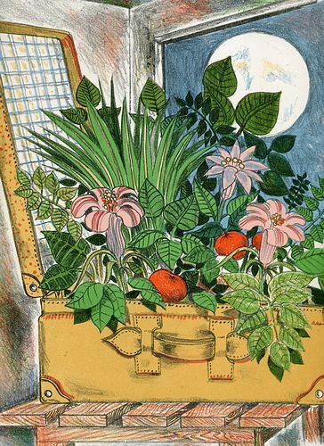 (Valigia con fiori). Litografia originale a colori.