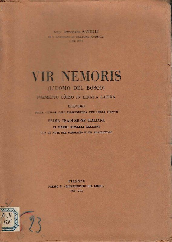 Vir Nemoris (L'Uomo del bosco-Poemetto corso in lingua latina (Testo …