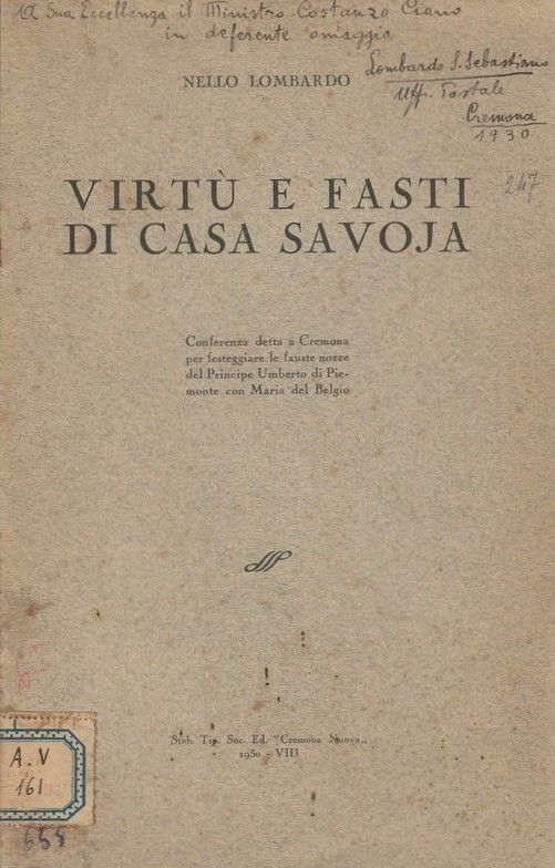 Virtù e Fasti di Casa Savoia. (Coferenza detta a Cremona …