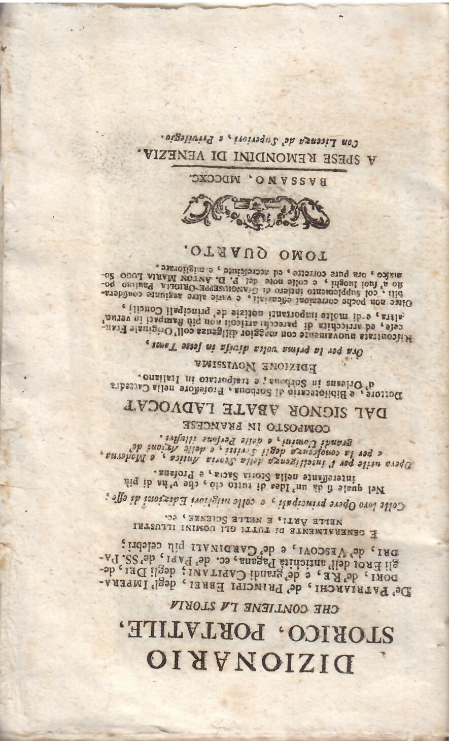 DIZIONARIO STORICO PORTATILE CHE CONTIENE LA STORIA DE' PATRIARCHI, DE …