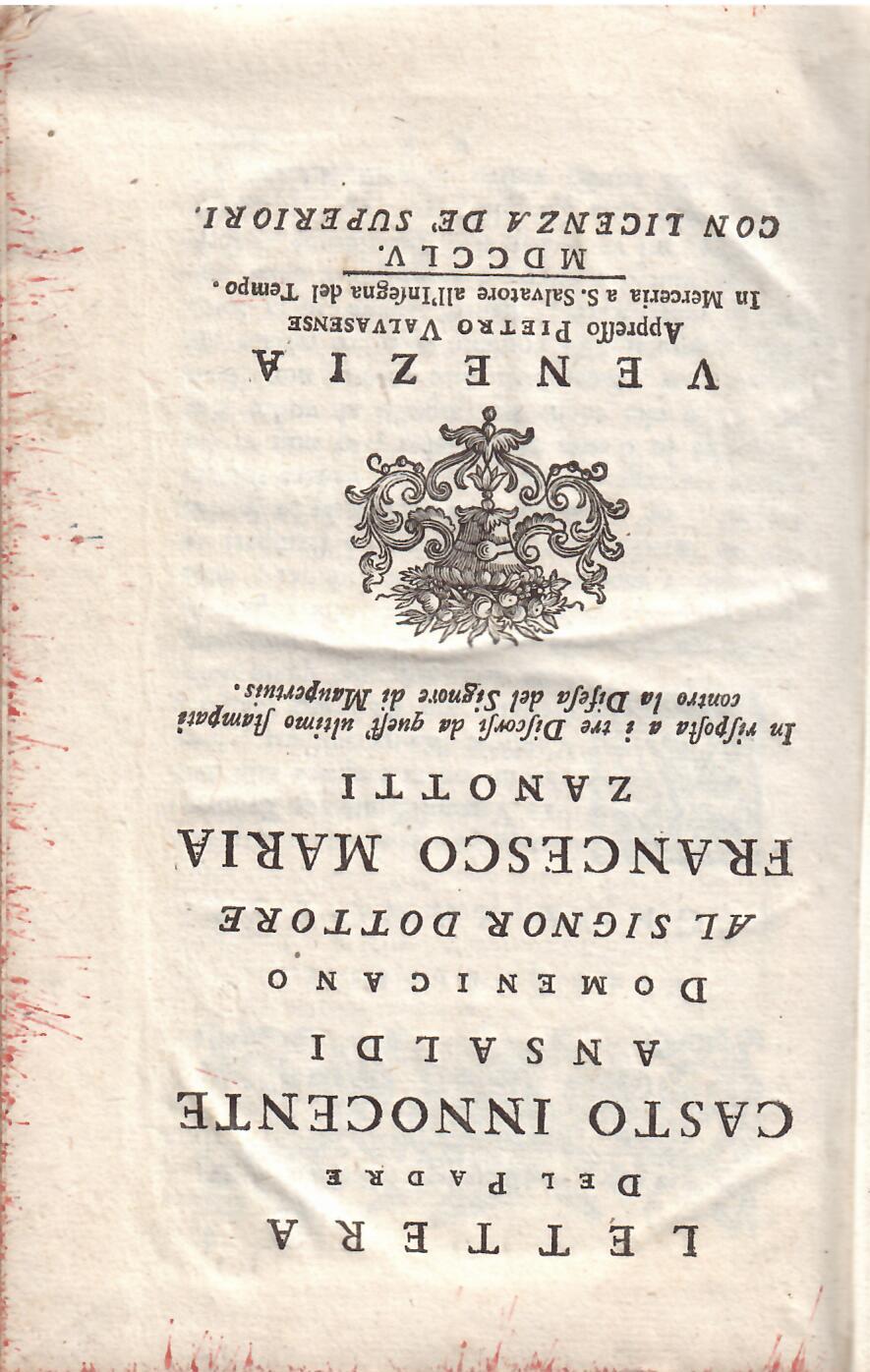 LETTERA DEL PADRE CASTO INNOCENTE ANSALDI DOMENICANO AL SIGNOR DOTTORE …