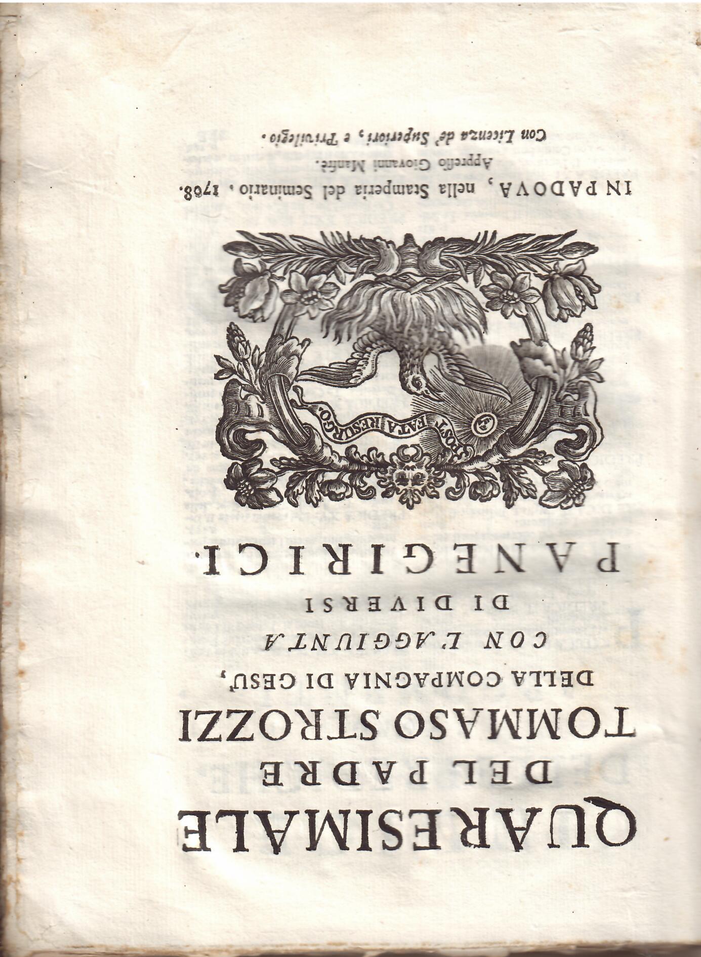 QUARESIMALE DEL PADRE TOMMASO STROZZI DI DIVERSI PANEGIRICI
