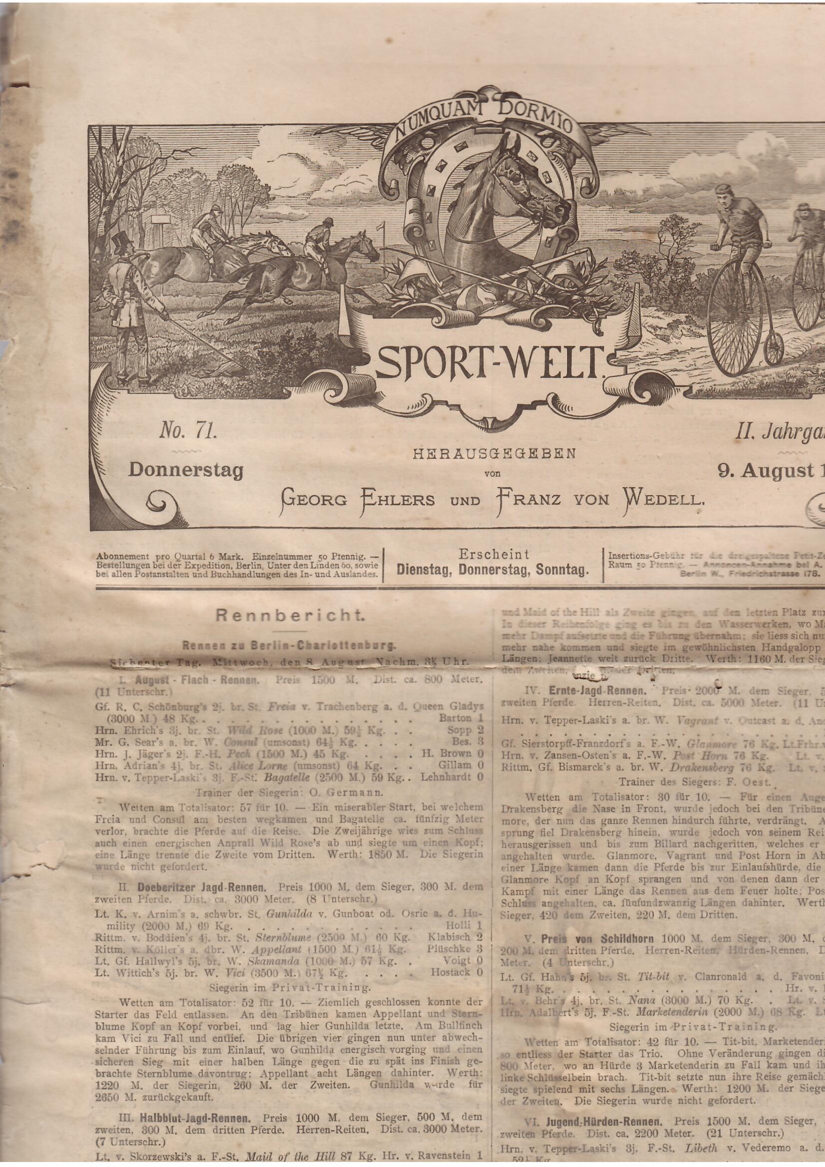 SPORT - WELT - NO 71 - 9 AGOSTO 1888