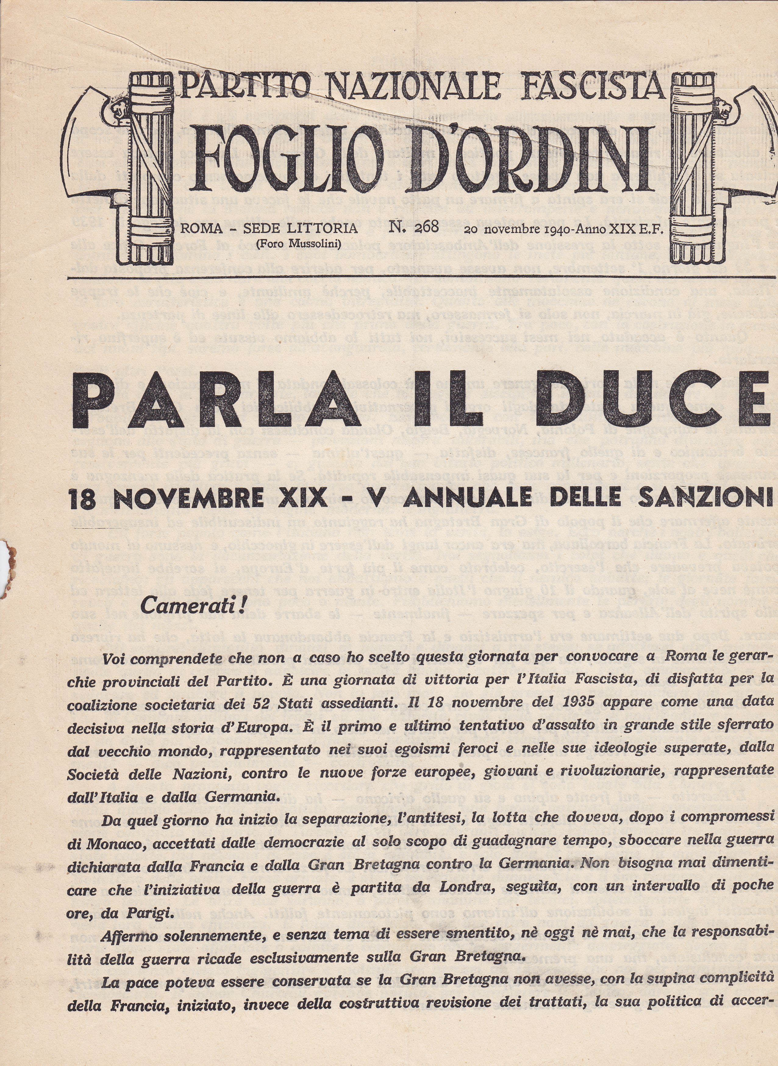 Partito Nazionale Fascista Foglio d'ordini Roma - Sede Littoria N. …