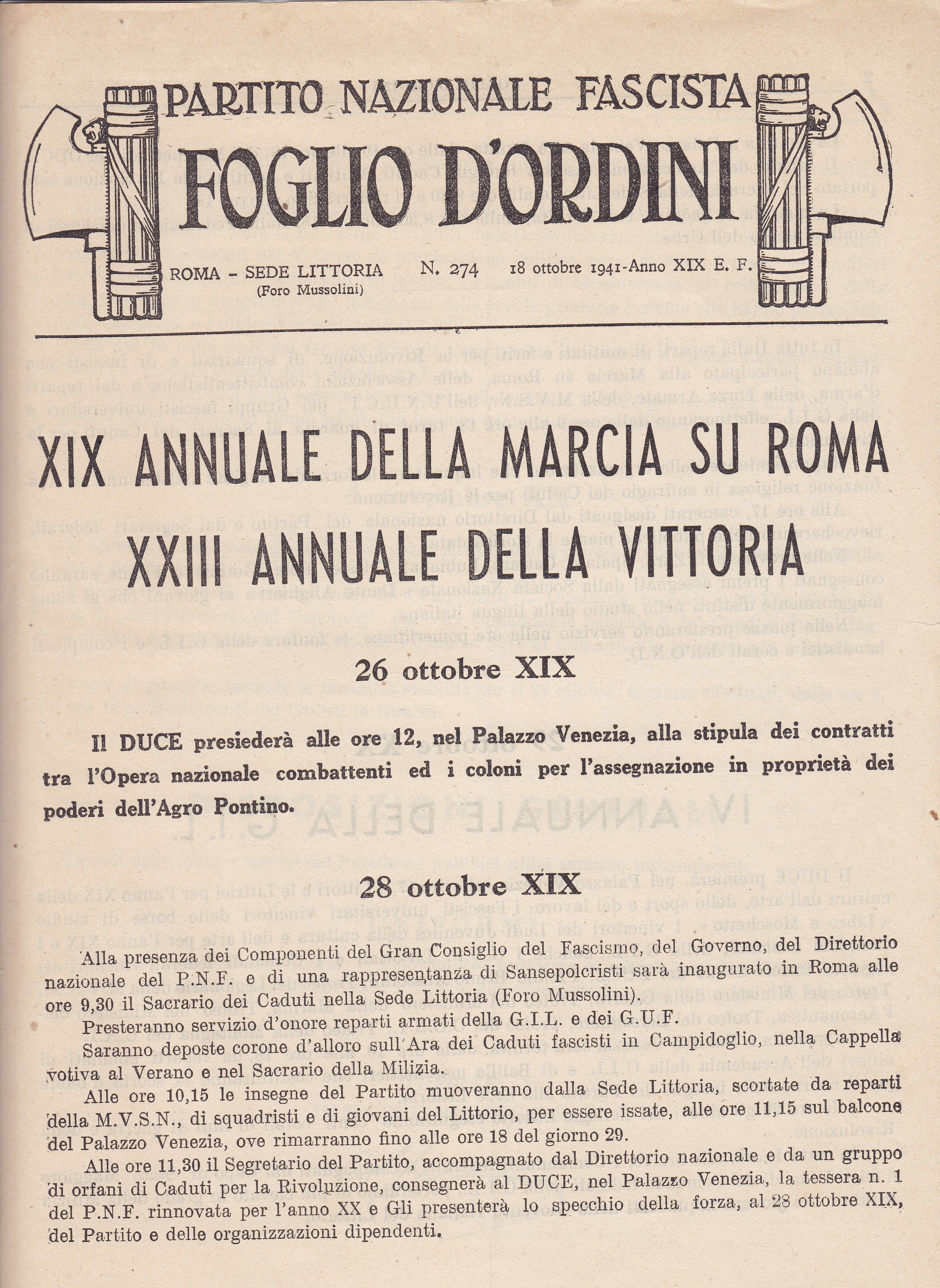 Partito Nazionale Fascista Foglio d'ordini Roma - Sede Littoria N. …