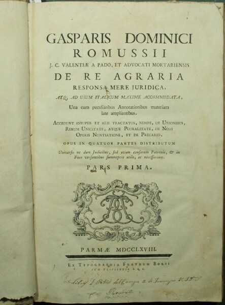 De re agraria responsa mere juridica, atque ad usum italicum …
