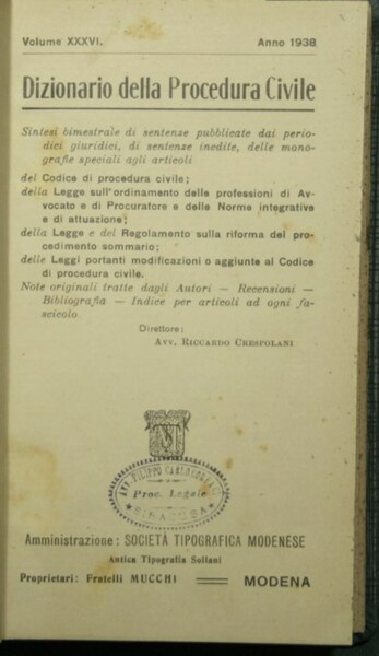 Dizionario della procedura civile - Vol. XXXVI, 1938