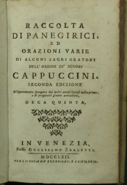 Raccolta di panegirici ed orazioni varie di alcuni sagri oratori …