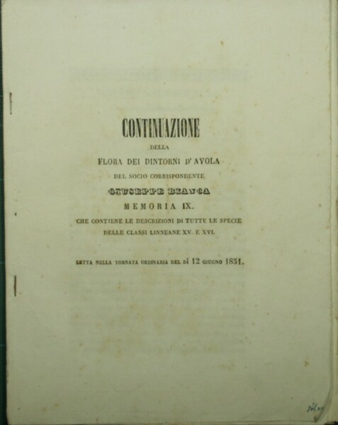 Continuazione della Flora dei dintorni d'Avola del socio corrispondente Giuseppe …