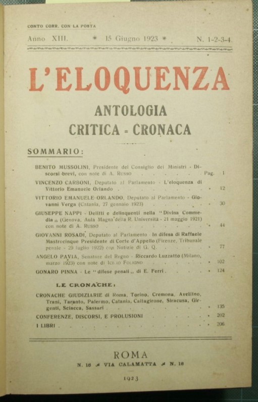 L'eloquenza - Anno XIII - 15 Giugno 1923/31 Marzo 1924- …