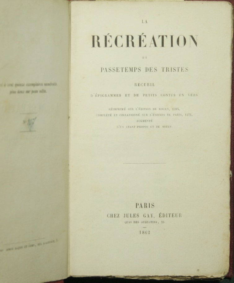 La recreation et passetemps des tristes