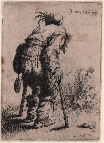 Un mendicante che cammina con due stampelle