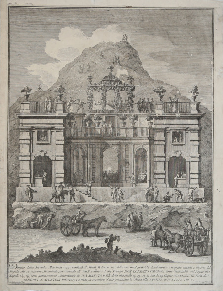 Disegno della Seconda Macchina rappresentante il Monte Testaccio con abitazione.