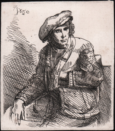 Un giovane seduto, a mezzo busto, con una borsa da …