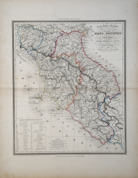 Carta Fisica e Stradale dell'Italia Centrale comprendendo lo Stato Pontificio.