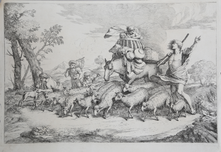 Gregge e pastori con il bambino nella cesta