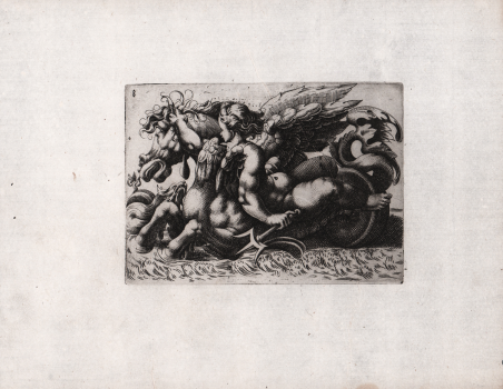 Lotta tra un putto e un cavallo marino