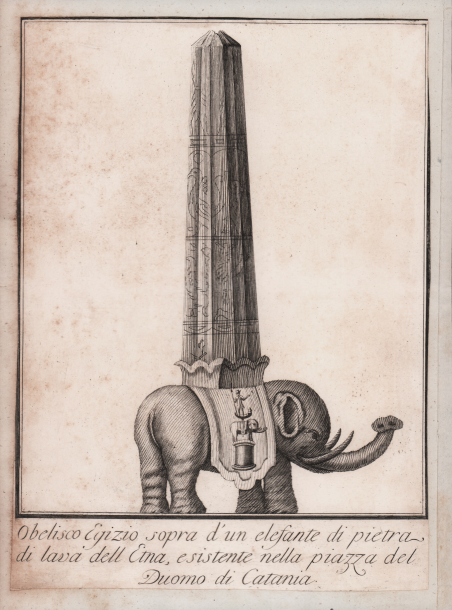 Obelisco Egizio sopra d'un elefante di pietra di lava dell'Etna, …
