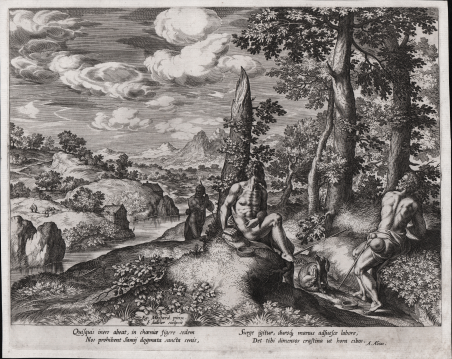 Paesaggio con tre uomini nudi ed un cane