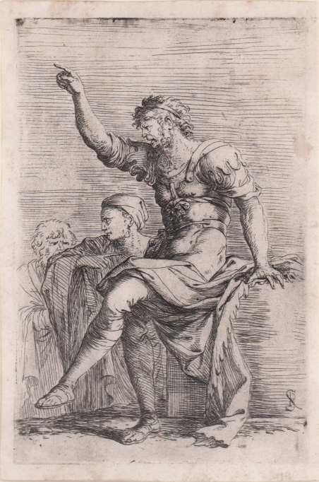 Soldato seduto su un ripiano e due figure