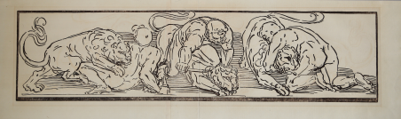 Tre studi di uomo che lotta con un leone