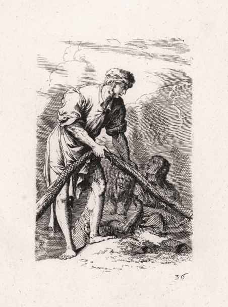 Uomo con rete da pesca e altre due figure