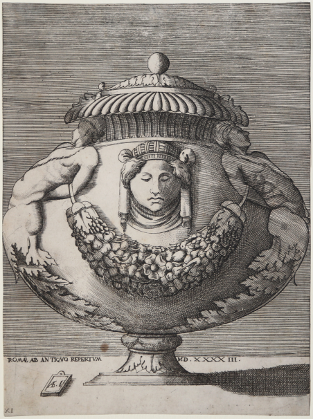 Vaso con maschera e festone