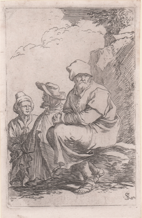 Vecchio seduto ai piedi di una roccia