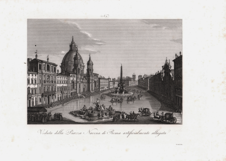 Veduta della Piazza Navona di Roma artificialmente allagata