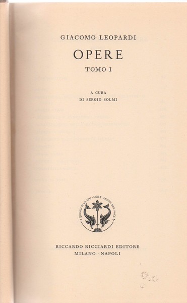 OPERE . I. a cura di Sergio Solmi.