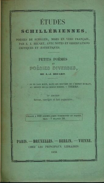 Etudes Schileriennes. Poésies de Schiller, mises en vers français, par …