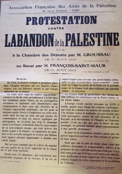 Affiche : Protestation contre l'abandon de la Palestine lue à …