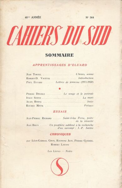 Cahiers du Sud. N° 364. Apprentissages d'Eluard