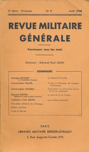 Revue militaire générale. 2e série. 2e année. N°8. Août 1938