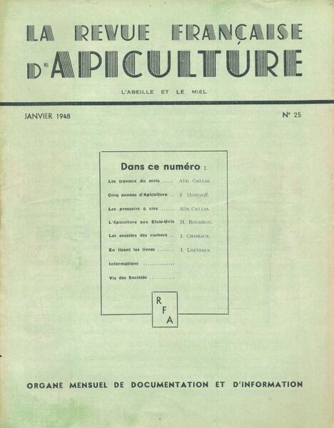 La revue francçaise d'Apiculture - Janvier 1948. N°25