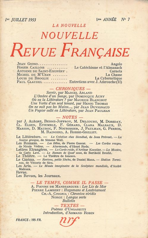 La nouvelle nouvelle revue Française. 1953. N°7