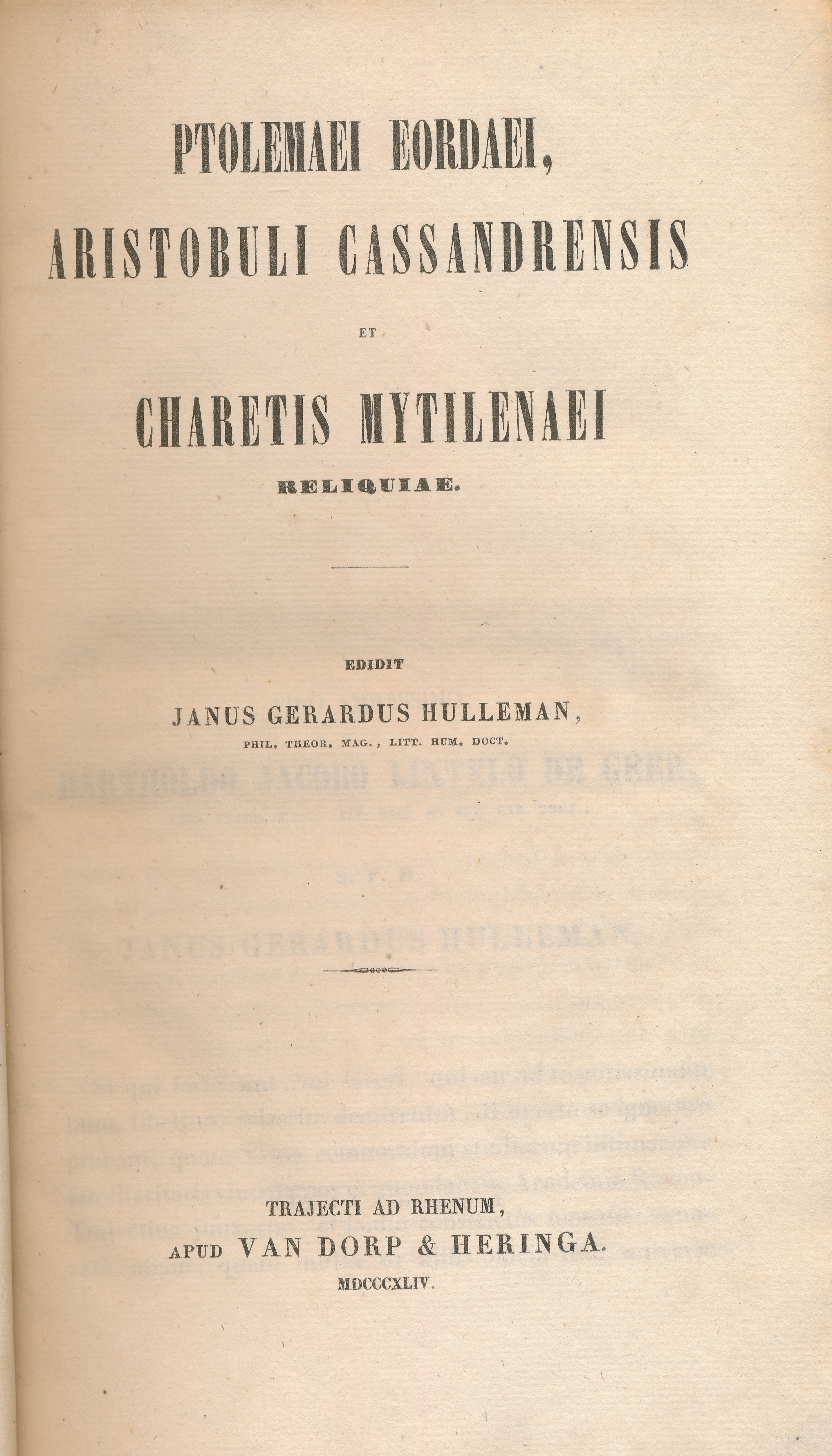 Ptolemaei eordaei, Aristobuli Cassandrensis et Charetis Mytilenaei reliquiae