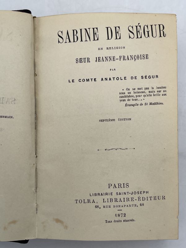 Sabine de Ségur en religion soeur Jeanne Françoise