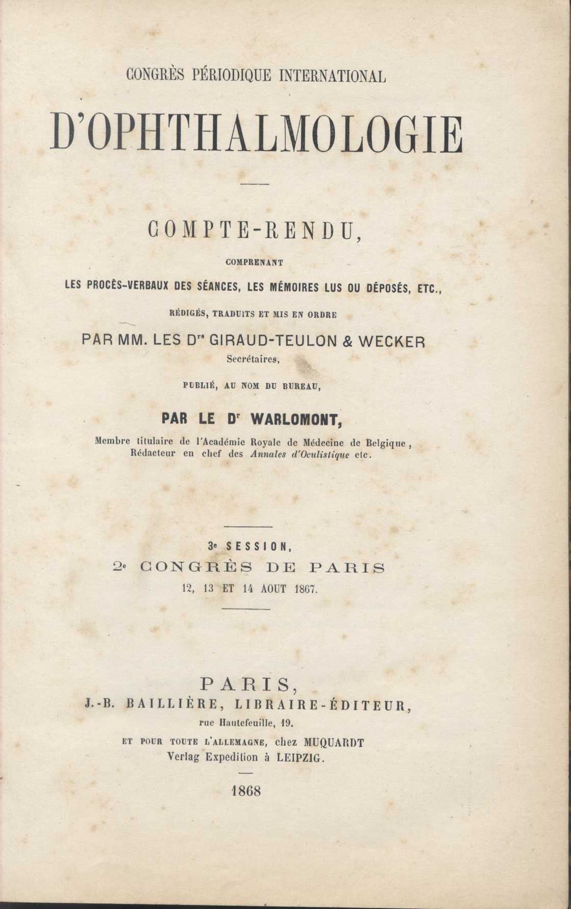 Congrès Périodique International d’Ophthalmologie 1867
