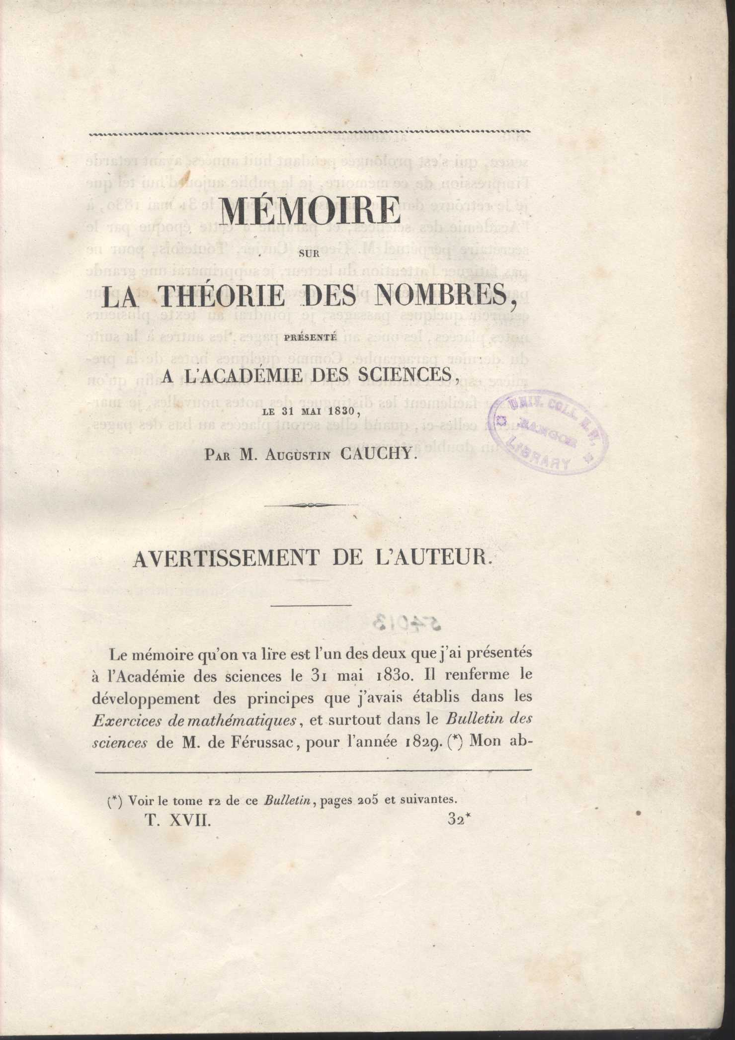 Memoire sur la Theorie des Nombres