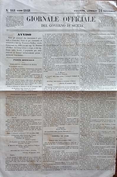 Giornale Officiale del Governo di Sicilia. Palermo, 24 Novembre 1848.